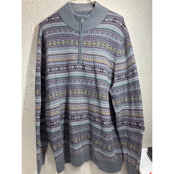 Brooks Brothers Sweater Mens Gray Fair Isle Wool Italian Yarn 1/4 Zip Size XL - Picture 2 of 5